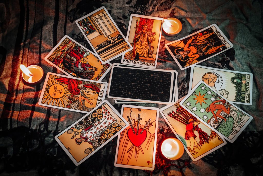tarot reading with tarot card background and candlelight on the